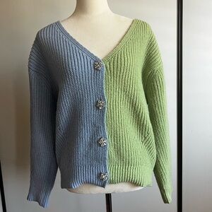 Sage Green/Sky Blue color block cardigan